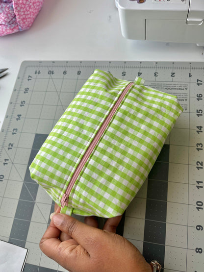 Gingham Strawberry Matcha Boxy Makeup Pouch 🍓🍵🧺