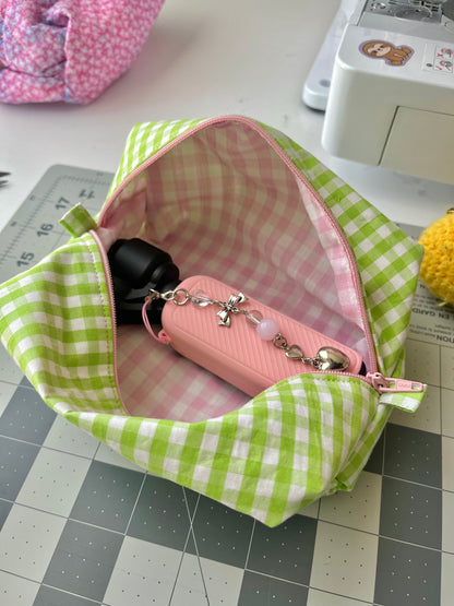 Gingham Strawberry Matcha Boxy Makeup Pouch 🍓🍵🧺