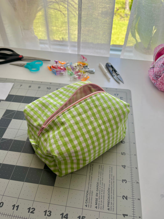 Gingham Strawberry Matcha Boxy Makeup Pouch 🍓🍵🧺