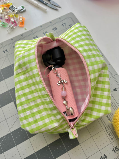 Gingham Strawberry Matcha Boxy Makeup Pouch 🍓🍵🧺
